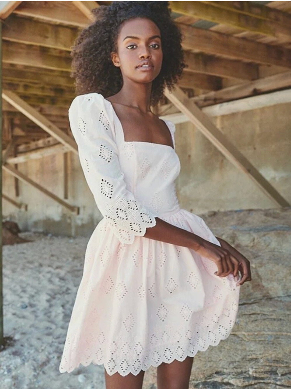 Cara Cara Hart Eyelet Mini Dress 4 Pink Cotton Puff Sleeve Pockets Cottagecore